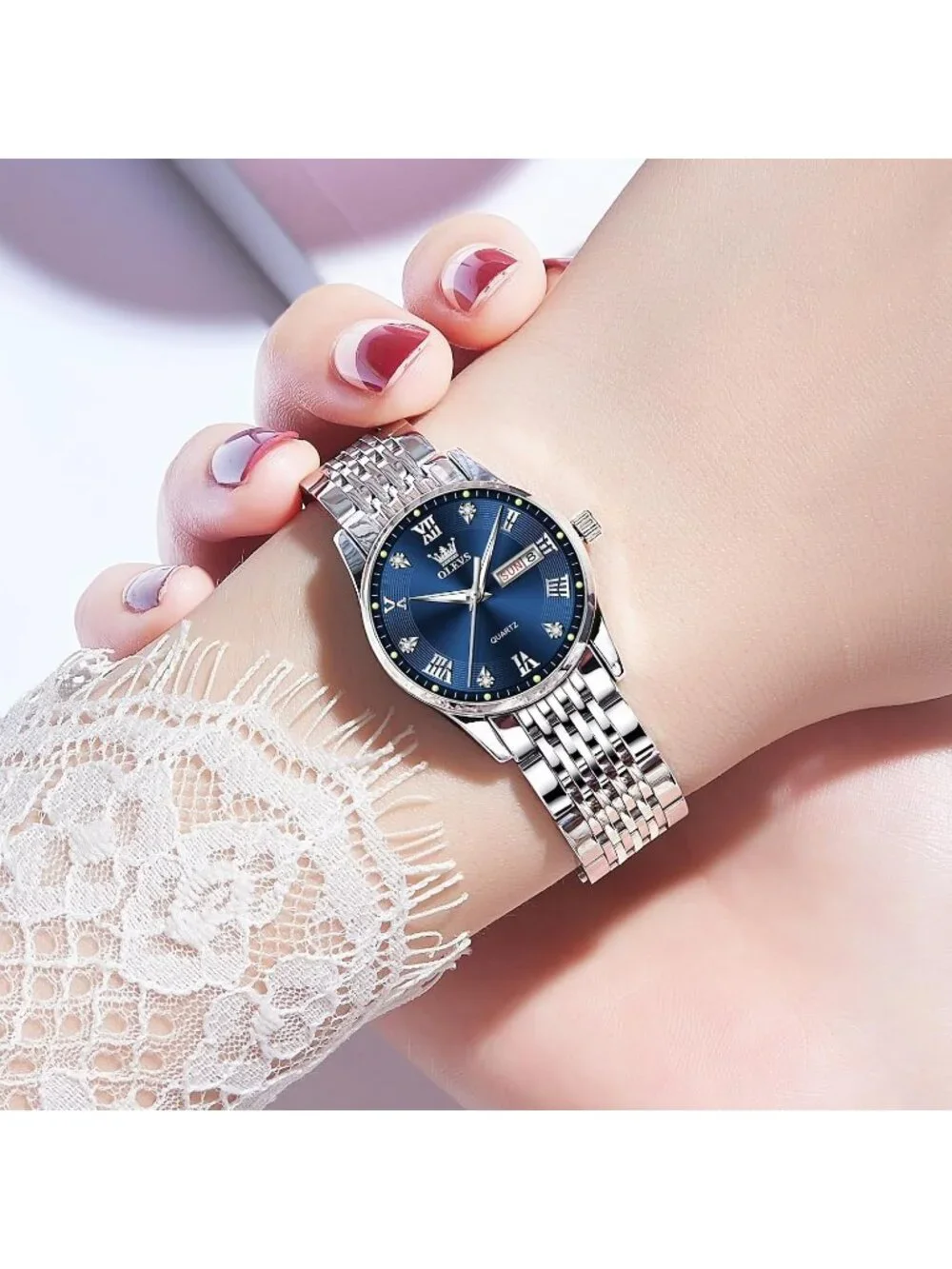 Women's Blue and Silver Analog Quartz Waterproof Stainless Steel Band Watch